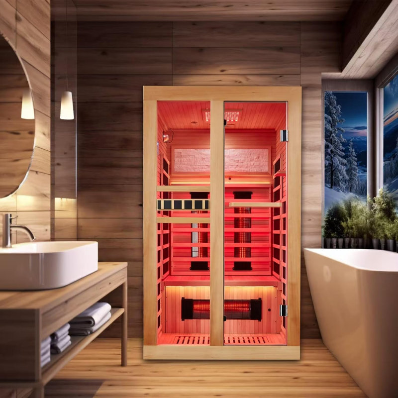 2-Person Full Spectrum Infrared Sauna with Red Light Therapy – 15-Minute Pre-Warm Indoor Dry Sauna, 2-in-1 Door Handle, 7 Color Light Belts, Canadian Hemlock, 110V