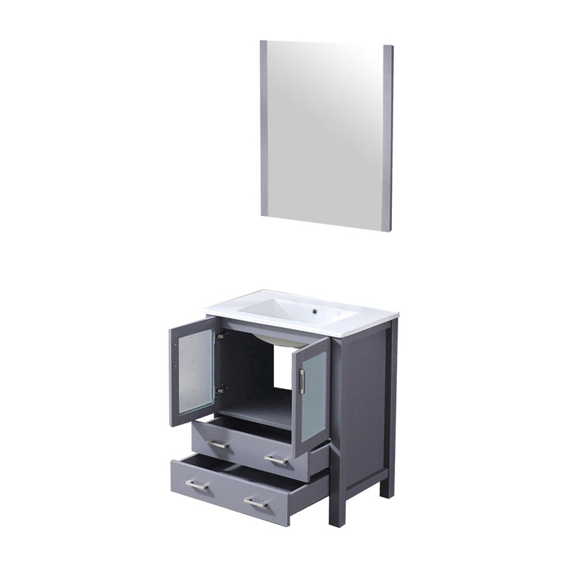 Bath Vanity 30 In. W X 18.25 In. D, Ceramic Top, And 28 In. Mirror, Dark Grey