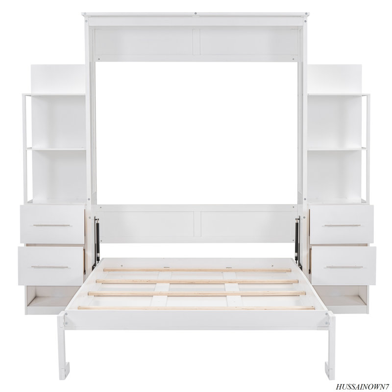 Murphy Bed Wall Bed With Shelves, Drawers And LED Lights, Full, White