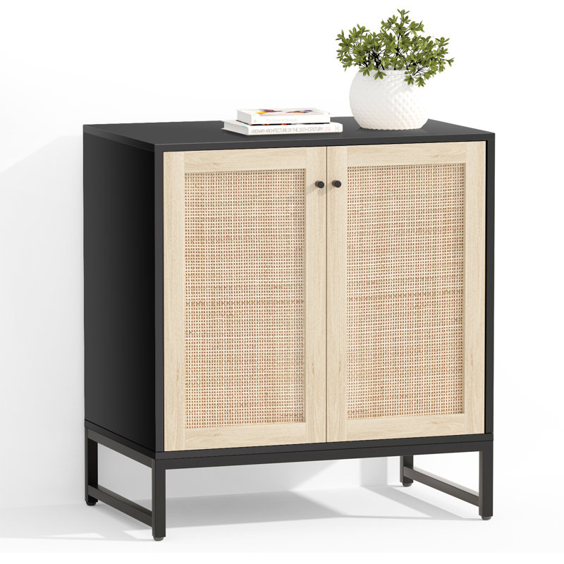 Buffet décoratif en rotin 2 portes avec pieds robustes en métal Jillesa, Noir