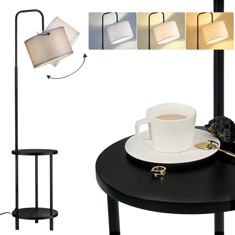 Modern Floor Lamp For Living Room, Solid Wood Side Table Lamp With Grey Fabric Drum Shade, 3-Color Temperatures End Table Standing Light For Bedroom, Living Room, LED Bulb Included, Matte Black