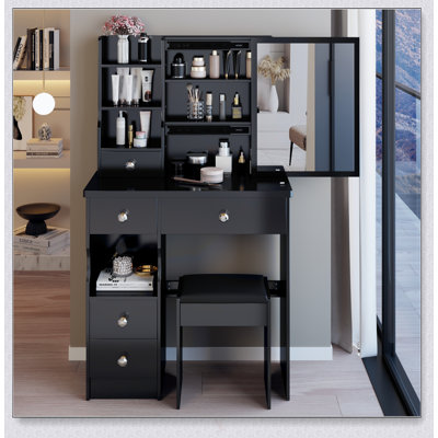 Compact Vanity Table With Large Sliding Mirror, Multi-Layer Storage, And Cushioned Stool For Small Spaces