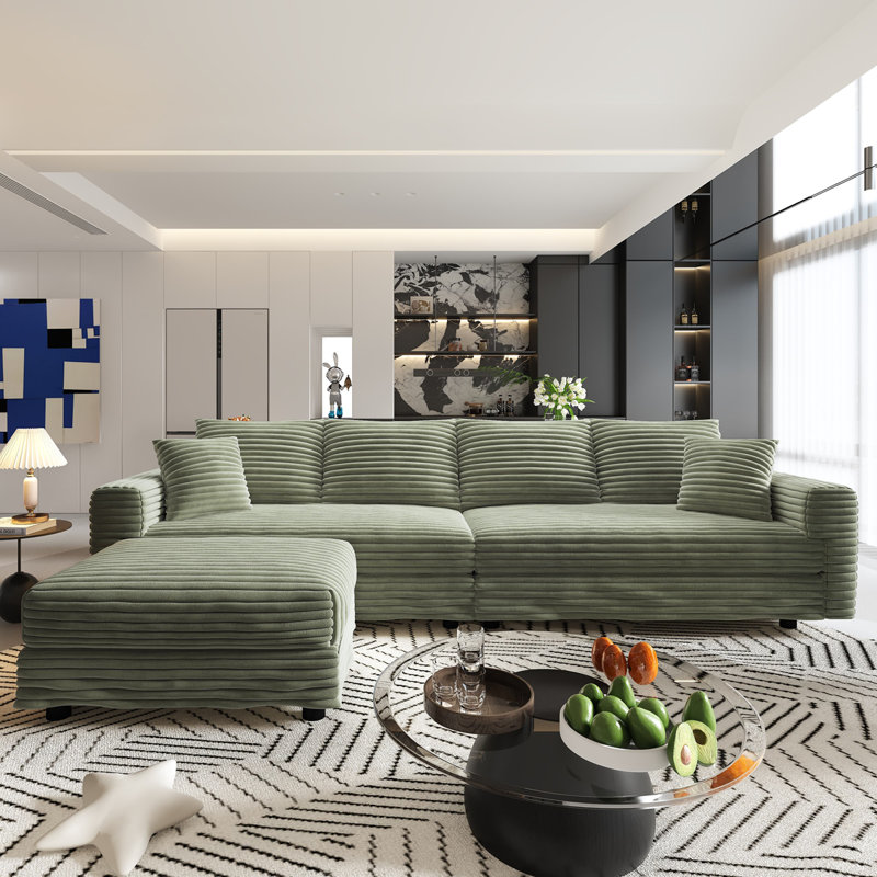 102.4 "Plush Corduroy 4-Seat Sofa,Modern Comfy Upholstered Sofa Cloud Couch,Deep Seat Couches With Soft Pillows And Movable Ottoman,Convertible Sofa Lounge Chair,For Living Room,Apartment,Office
