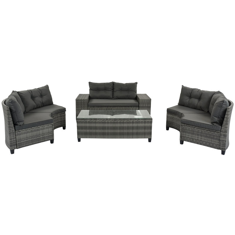 Ensemble de canapé rond en osier 8 pièces, ensemble de canapé modulaire demi-lune toutes saisons, ensemble de canapé courbé avec table basse rectangulaire, rotin PE, coussin mobile