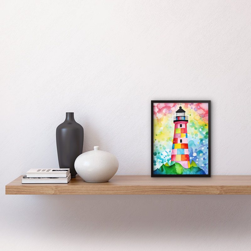 Lighthouse At Sunrise Dreamy Folk Art Watercolour Painting Artwork Framed Wall Art Print 9X7 Inch