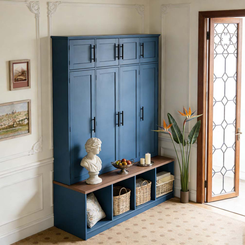Hall Tree with 4 Hidden Hanging Hooks,Seating Bench with 8 Doors, Blue