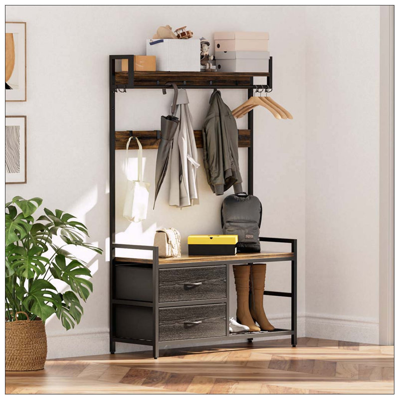 33.1" Wide Hall Tree with 23 Hooks and Movable Drawers