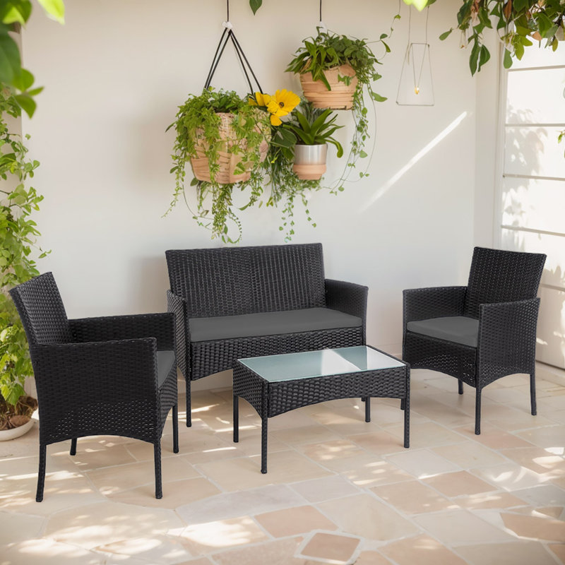 Ensemble de conversation d'extérieur avec coussins Julus Shena pour 4 personnes, Gris, Noir