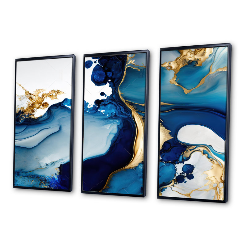 Géode abstraite marbre bleu I - reproduction de 3 pièces, Cadre flottant noir, H 28 po x l 36 po x P 1 po
