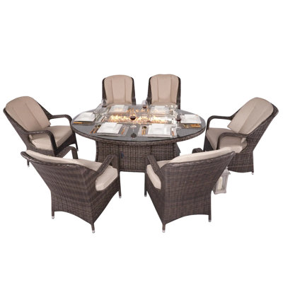 7-Piece Patio Gas Fire Pit Dining Set, PE Rattan & Stainless Steel, 7 Pieces (6 Chairs + 1 Oval Fire Pit Table), Outdoor Dining Set, Dark Brown/Beige, 18 kW Heat Output