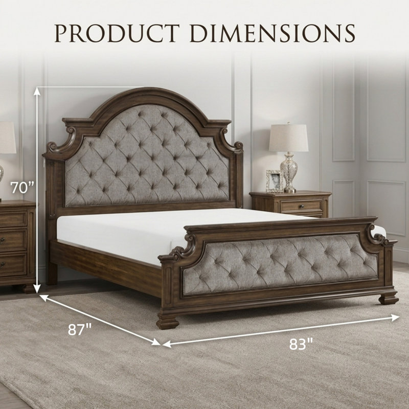 Lit de luxe très grand avec une finition brune et une tête de lit tapissier arquée, Très grand lit