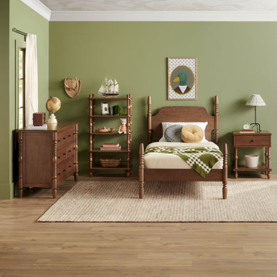 Solid Wood 4-Piece Spindle Vivienne Twin Bed with Walker Edison Easy Assembly 1-Drawer Nightstand, 6-Drawer Dresser, and Short Bookshelf