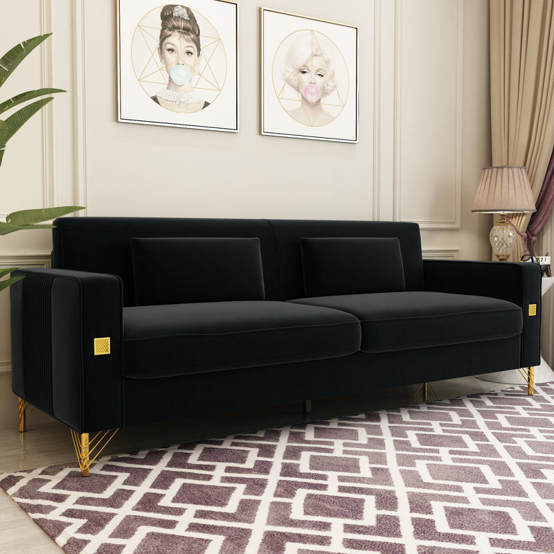 Canapé à accoudoirs carrés en velours 85,63 po Deondry, Velours noir