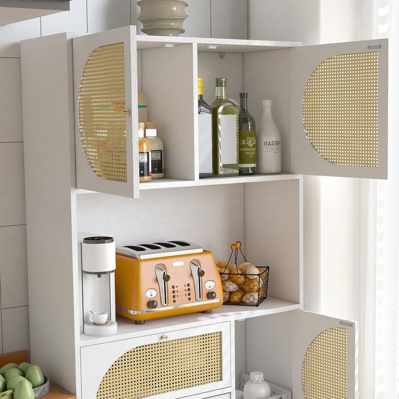 Armoire de rangement avec portes en rotin, huche autoportante avec prise de courant, 4 portes, 4 tiroirs