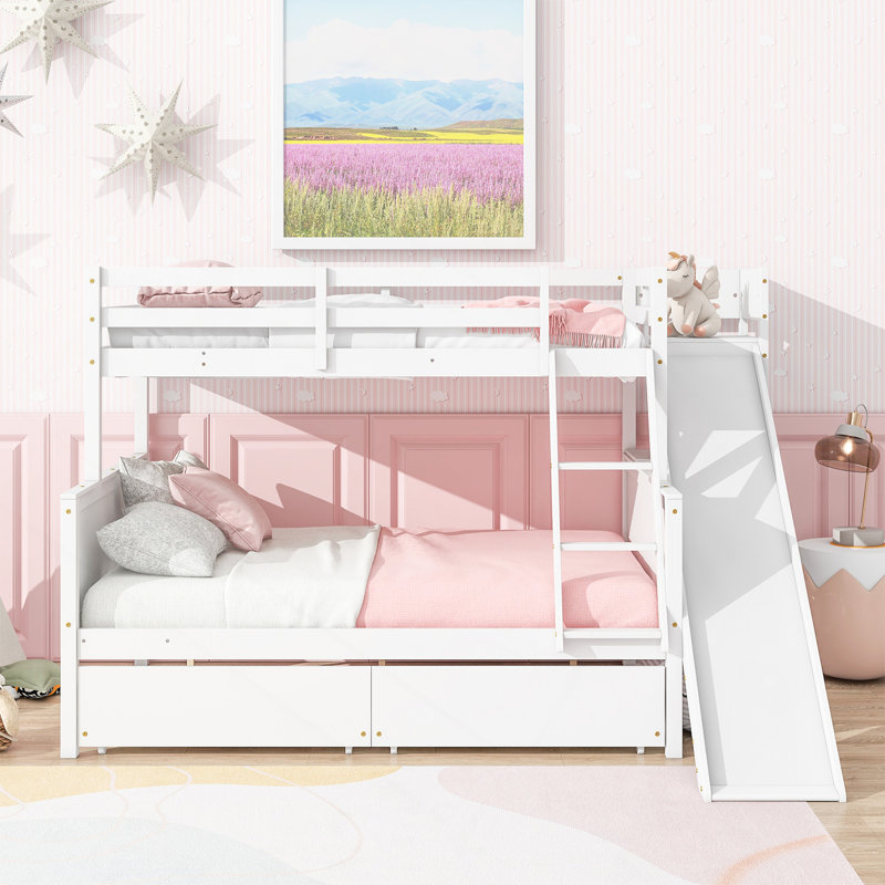 Lit superposé simple au-dessus de double avec 2 tiroirs, glissière, tablettes, échelle, lit superposé en bois d'hévéa avec glissière, tiroirs, blanc