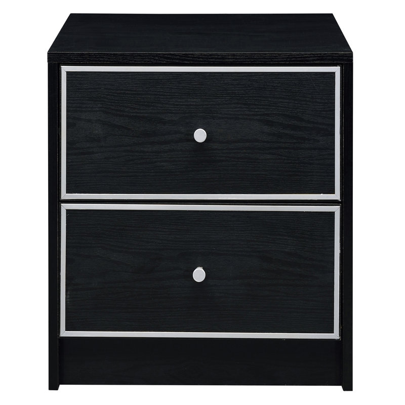 Modern Industrial 2 Nightstand In Black And Silver - Bedroom Storage With Stable Functional Metal Glides 2 Drawers Sleek Design For