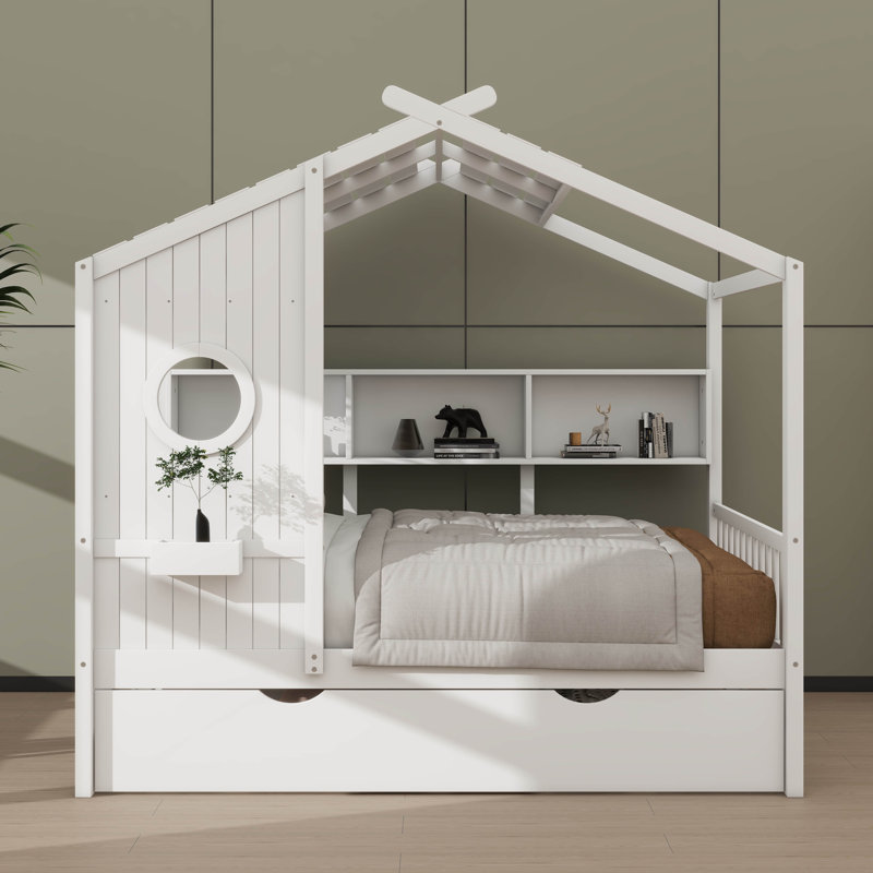 Lit double en bois de style moderne avec lit gigogne et tablette de rangement, Lit double, Blanc