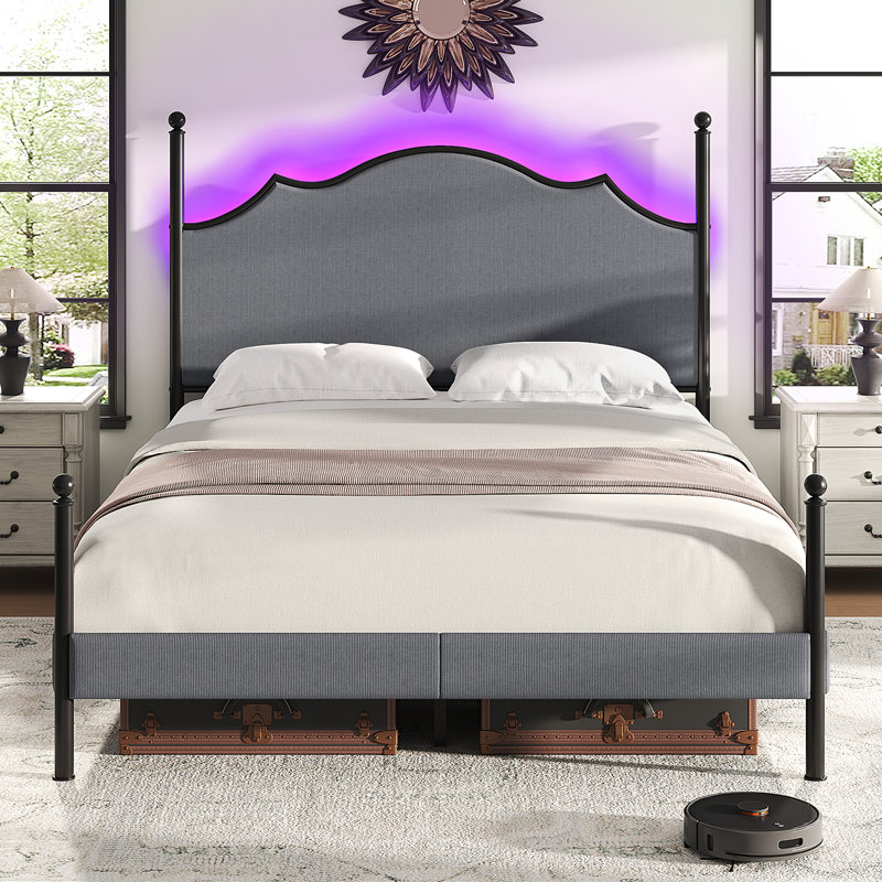 Modern Corduroy Upholstered Platform Bed with Metal Poster,LED Light & Arch Headboard, White, Full / Double