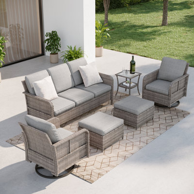 Ensemble de patio 6 pièces avec canapé 3 places et chaises berçantes pivotantes, patio en rotin de polyéthylène avec coussins épais et structure robuste
