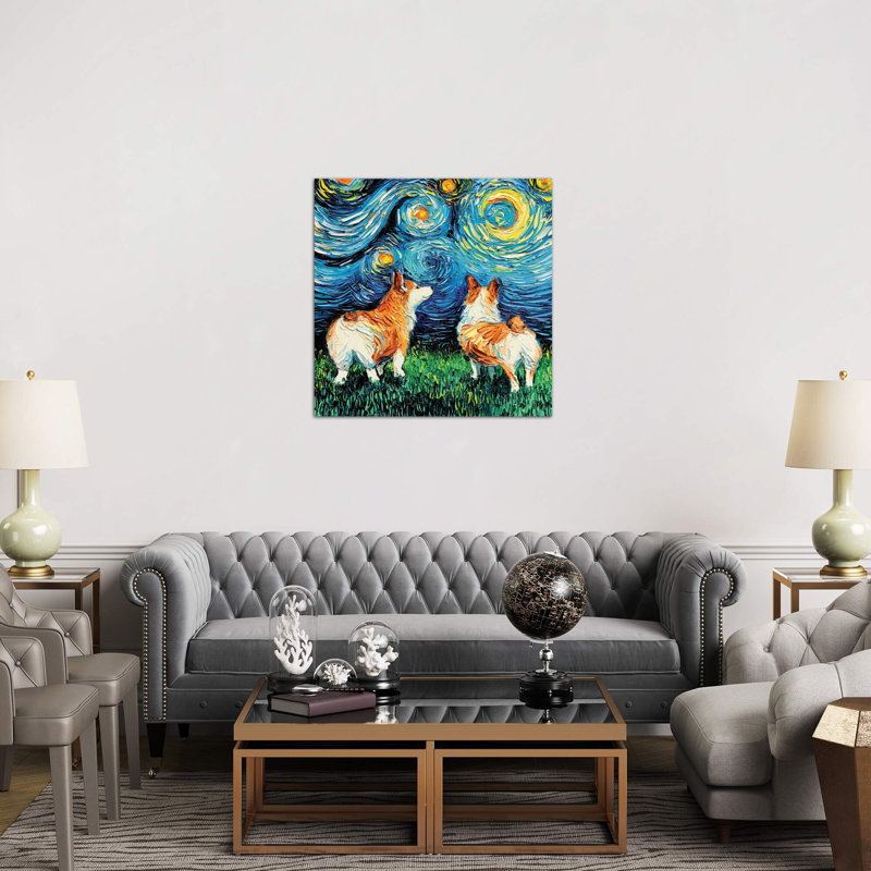 Corgi Night by Aja Trier - Painting on Canvas, 30.48 cm H x 30.48 cm W, Wrapped Canvas