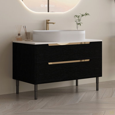 Meuble-lavabo de 36 pouces, autoportant ou fixé au mur avec lavabo intégré en céramique et tiroirs à fermeture en douceur