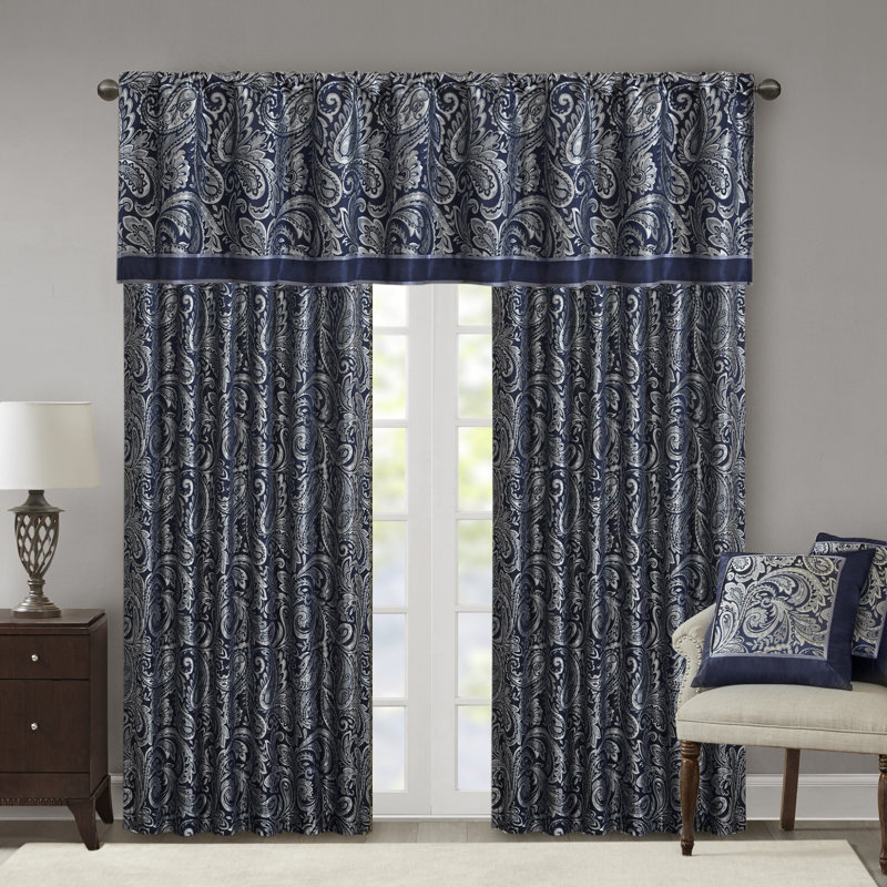 Navy Faux Silk Jacquard Rod Pocket Valance
