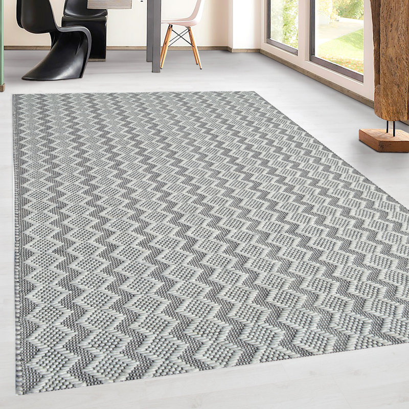 Tapis gris / argenté tissé à plat à la main Carrera, Rectangle 3 pi 6 po x 5 pi 6 po