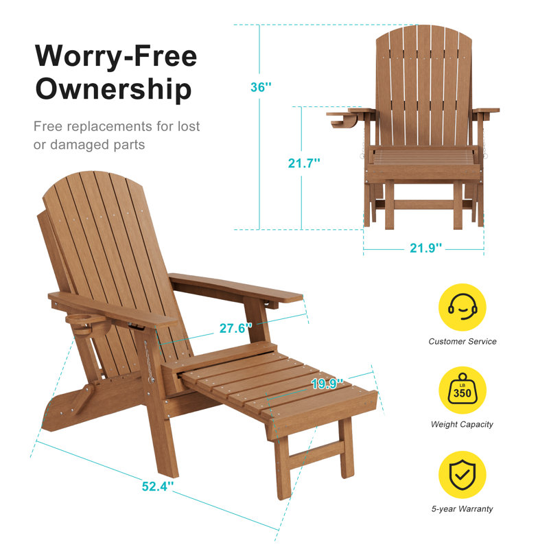Folding Adirondack Chair with Retractable Ottoman & Cup Holder, 3-Position Adjustable for Patio, All-Weather Outdoor Seating