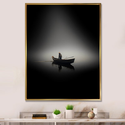 " Solitary Longboat Misty Lake Minimal I " Mixed Media and Color Photography Print