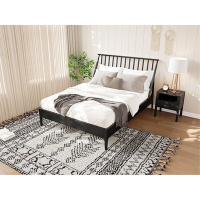 Lit plateforme en bois de bambou massif avec tête de lit haute, cadre de lit bohémien avec lattes de bois et support en métal, style Mid-Century moderne, aucun sommier nécessaire