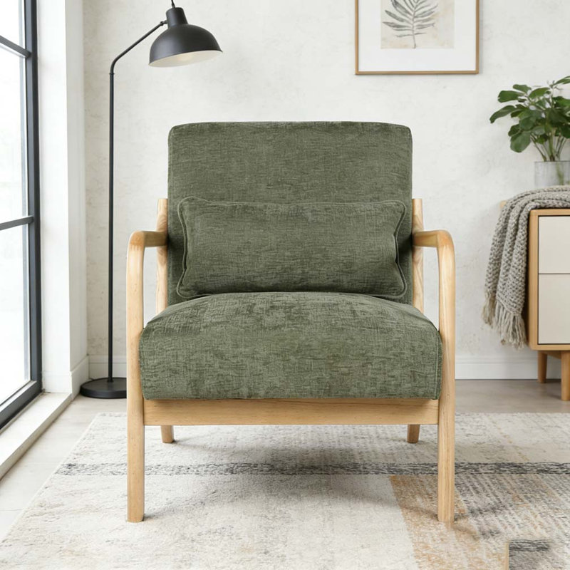 Fauteuil moderne, fauteuil d'appoint avec structure en bois massif, Vert d’armée