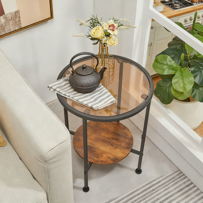 Table d'appoint ronde à 2 niveaux avec plateau en verre trempé et tablette de rangement, table de bout peu encombrante pour le salon, la chambre à coucher et le bureau