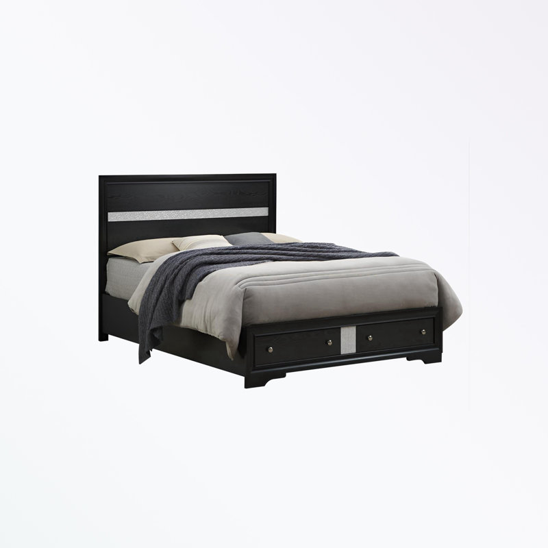 Grand lit plateforme en bois avec deux tiroirs, Noir