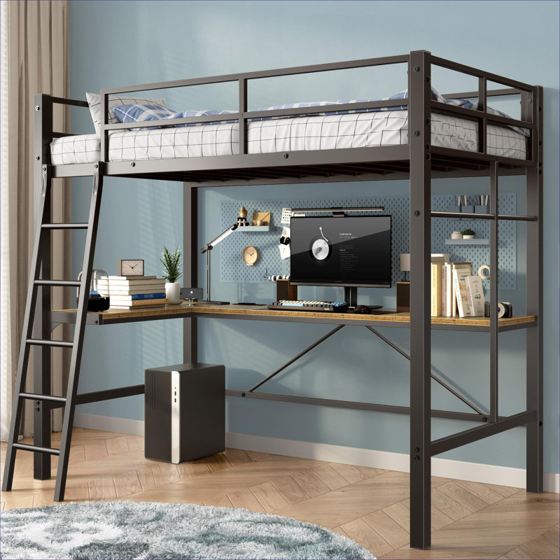 Structure de lit Lit mezzanine simple compact en métal noir avec bureau encastré en L et station de charge