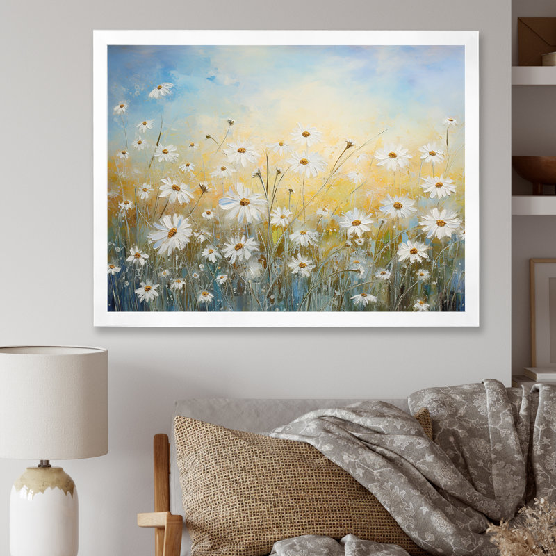 «Daisy Dreamscape Flowers Field III», reproduction sur toile, H 16 po x l 32 po x P 1,5 po, Cadre simple blanc