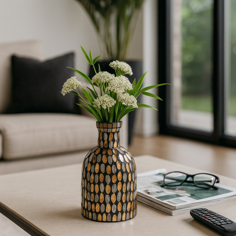 Vase en verre, Mosaïque bronze / cuivre, H 8 po x l 4 po x P 4 po