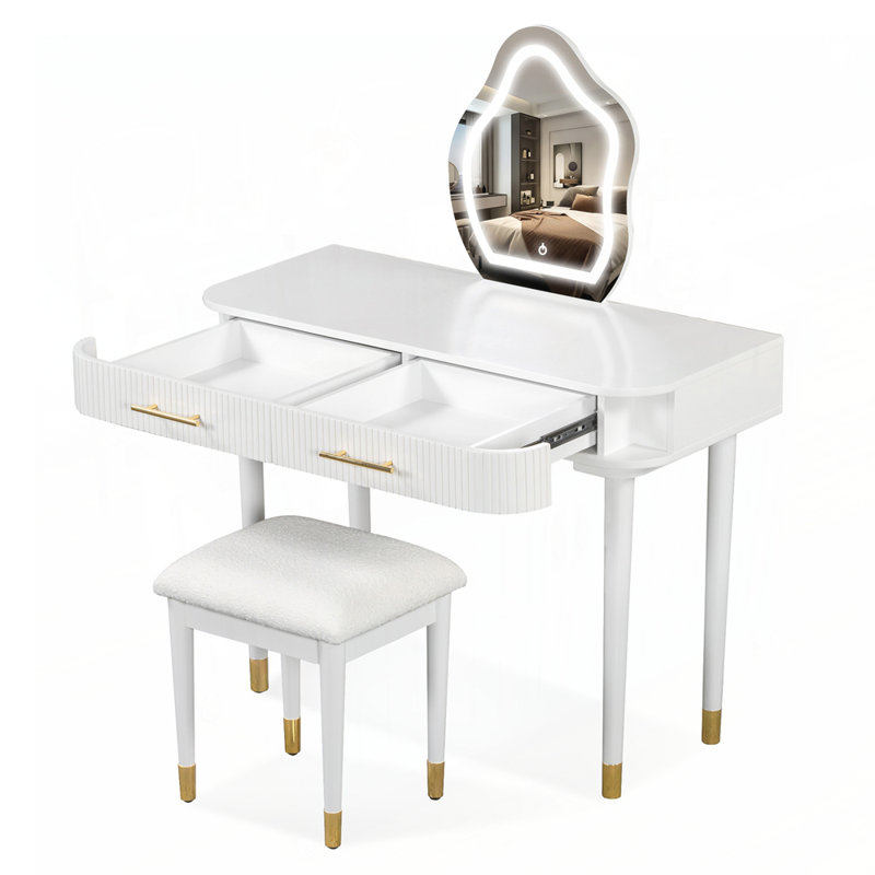 Ensemble de coiffeuse moderne avec miroir lumineux à écran tactile, coiffeuse et tabouret rembourré, avec 2 grands tiroirs de rangement