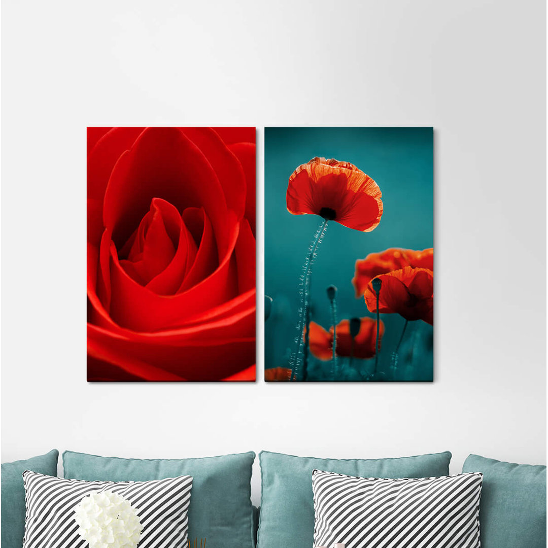 2-tlg. Leinwandbilder-Set - Grafikdruck „Rose Poppies Red Blossoms Romantic Flowers”