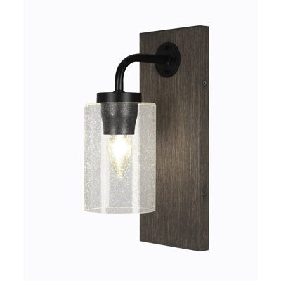 Oxbridge Wall Sconce Shown In Matte Black & Painted Distressed Wood-look Metal Finish With 4" Clear Bubble Glass