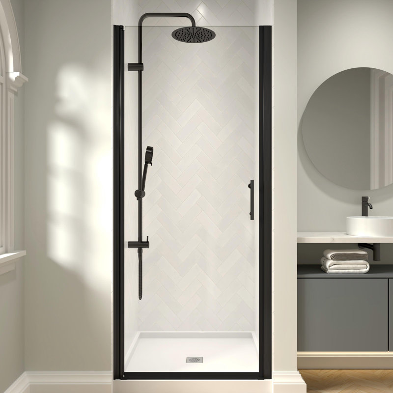 Porte de douche pivotante sans cadre 28 "- 29 3/8" x H 72 "avec verre trempé transparent 1/4" (6mm), Noir mat