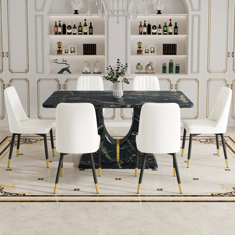 Ensemble de table et de chaises. Ensemble de table de salle à manger en panneau de fibres à densité moyenne noir - 63 po x 37 po avec 6 chaises en polyuréthane blanc, motif de marbre noir et panneau de fibres à densité moyenne.