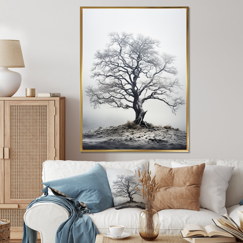 " Grey White Tree Muted Majesty ", 32" H x 16" W x 1" D, Gold Floater Frame