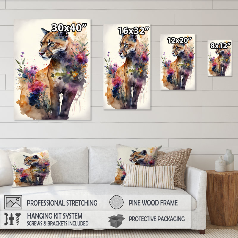 «Cute Puma Floral Art IV», peinture sur toile, H 20 po x l 12 po x P 1 po, Toile tendue