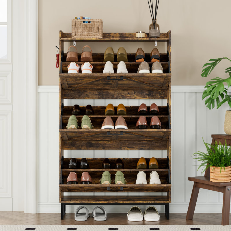 3-Tier Flip-Top Safety Shoe Cabinet with Anti-Tip Mechanism—Essential Entryway Storage Solution, Rustic Brown