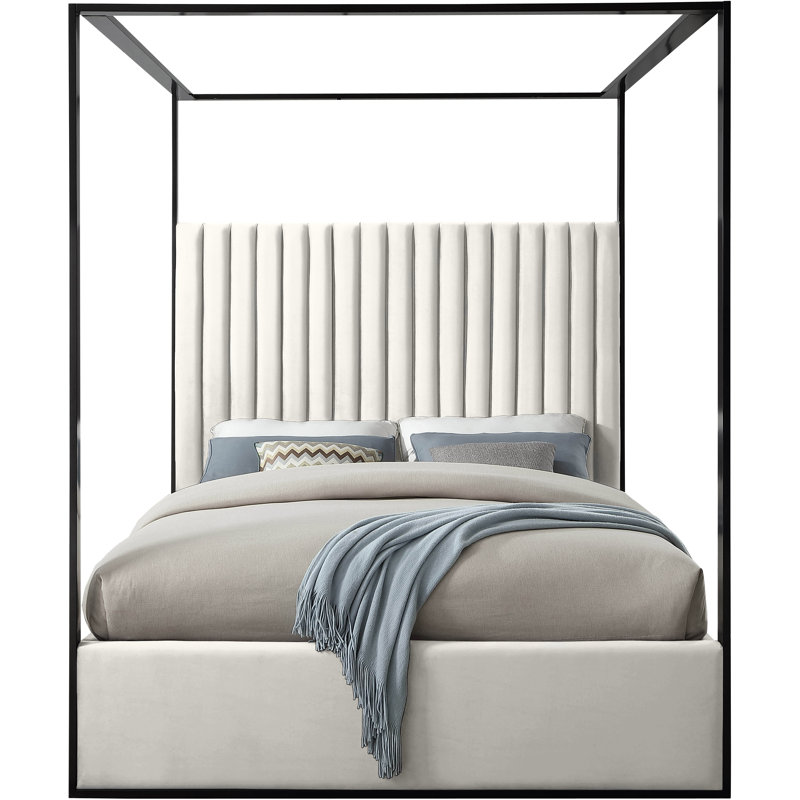 Tessa Upholstered Metal Canopy Bed, Cream Velvet, Queen