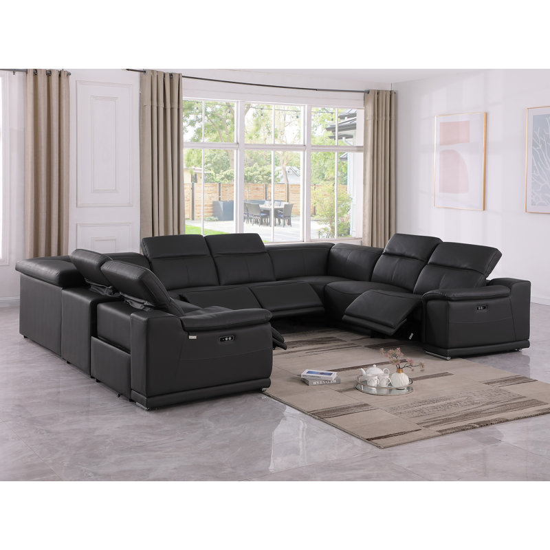 Lily 8 Piece 4 Power Top Grain Italian Leather Sectional, Black Genuine Leather