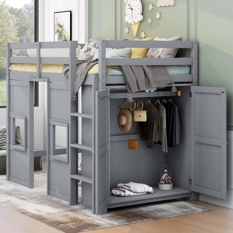 Lit mezzanine simple en bois avec garde-robe de rangement intégré et 2 fenêtres Îleigh, gris