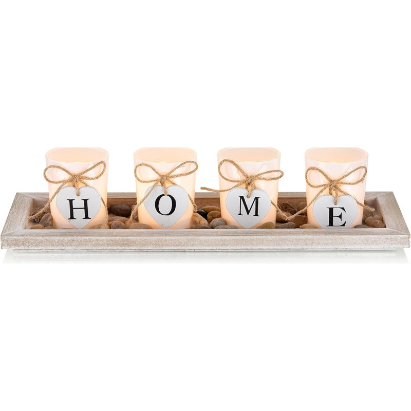 Plateau rustique en bois avec 4 porte-bougies chauffe-plat en verre