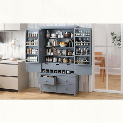 Large Kitchen Pantry with 8 Door Shelves, 7 Drawers, and Wine Rack