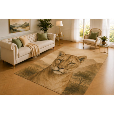 Tapis lionne «Ultra Léger» 5 pi x 7 pi, œuvre de grand chat africain avec montagnes et plaines ouvertes, couvre-plancher imprimé lisse pour décor de chambre à coucher, de chambre de bébé, de salle de jeux et de safari